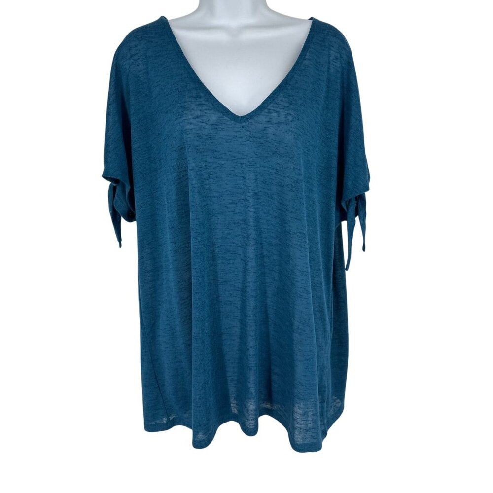 Lane Bryant Blue Semi Sheer V-Neck Short Tie-Sleeve Women's Top Size 18/20
